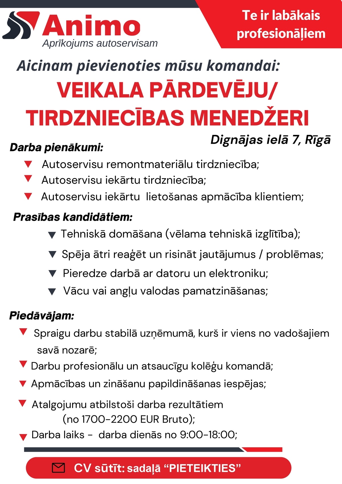 ANIMO LTD, SIA Pārdevējs/-a veikalā / Tirdzniecības menedžeris/-e