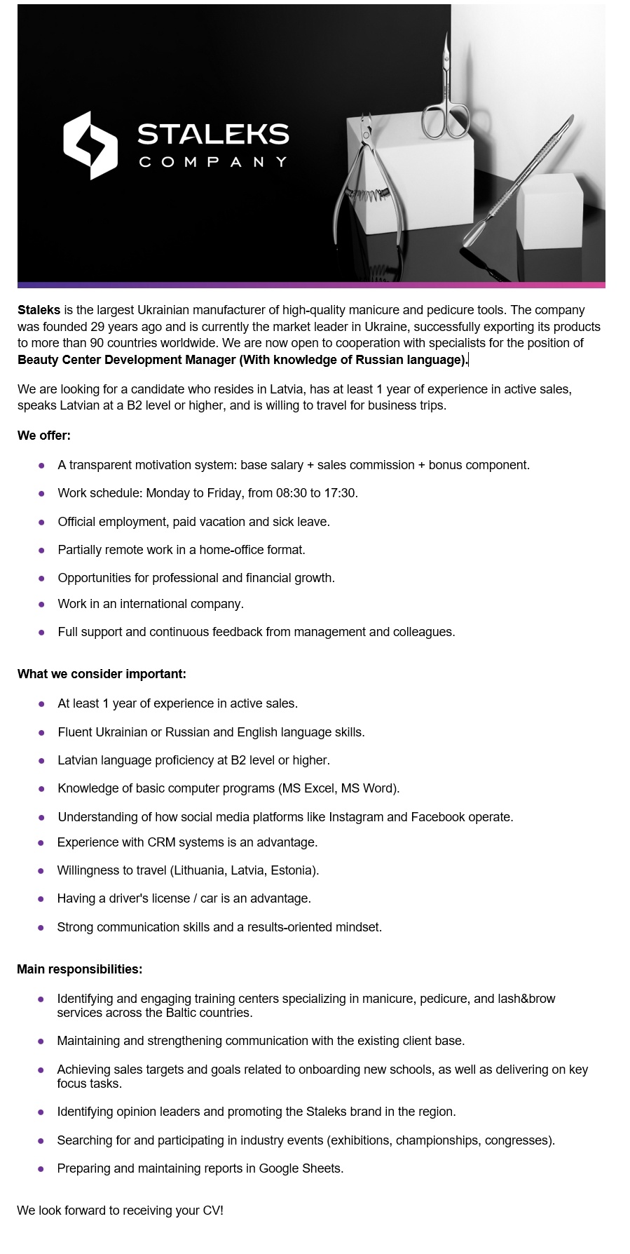 STALEKS Beauty Center Development Manager (With knowledge of Russian language)