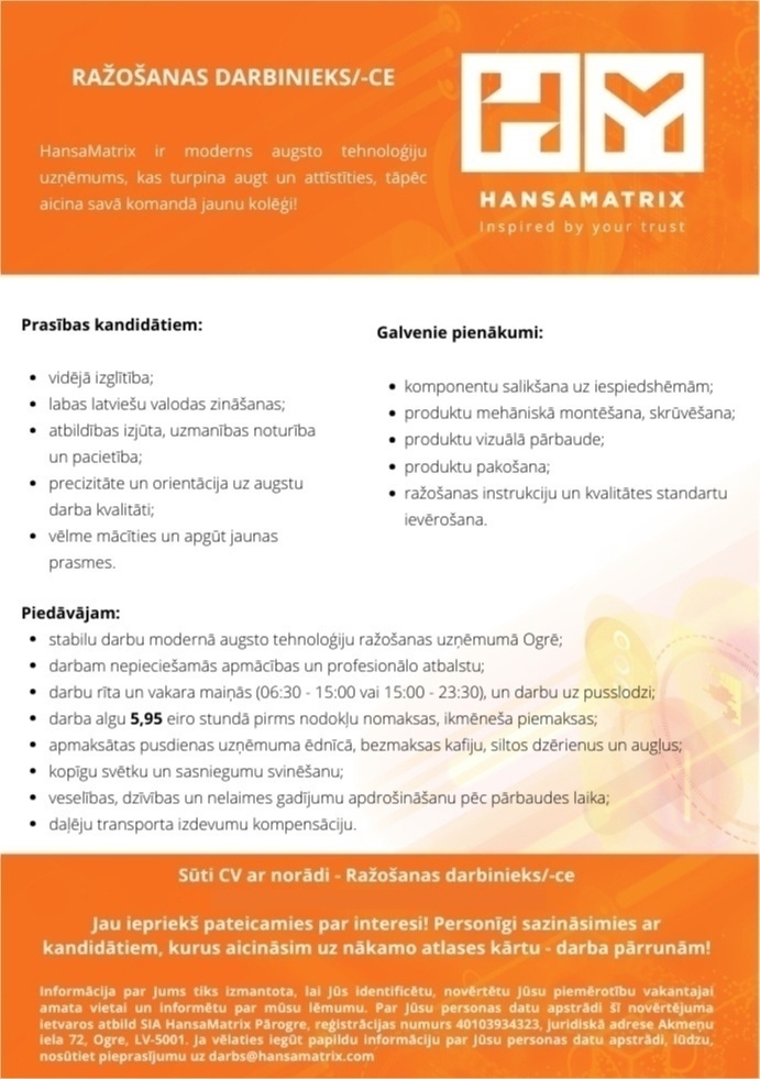 HansaMatrix Pārogre, SIA Ražošanas darbinieks/-ce
