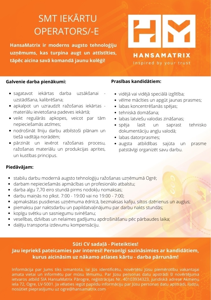 HansaMatrix Pārogre, SIA SMT iekārtu operators/-e