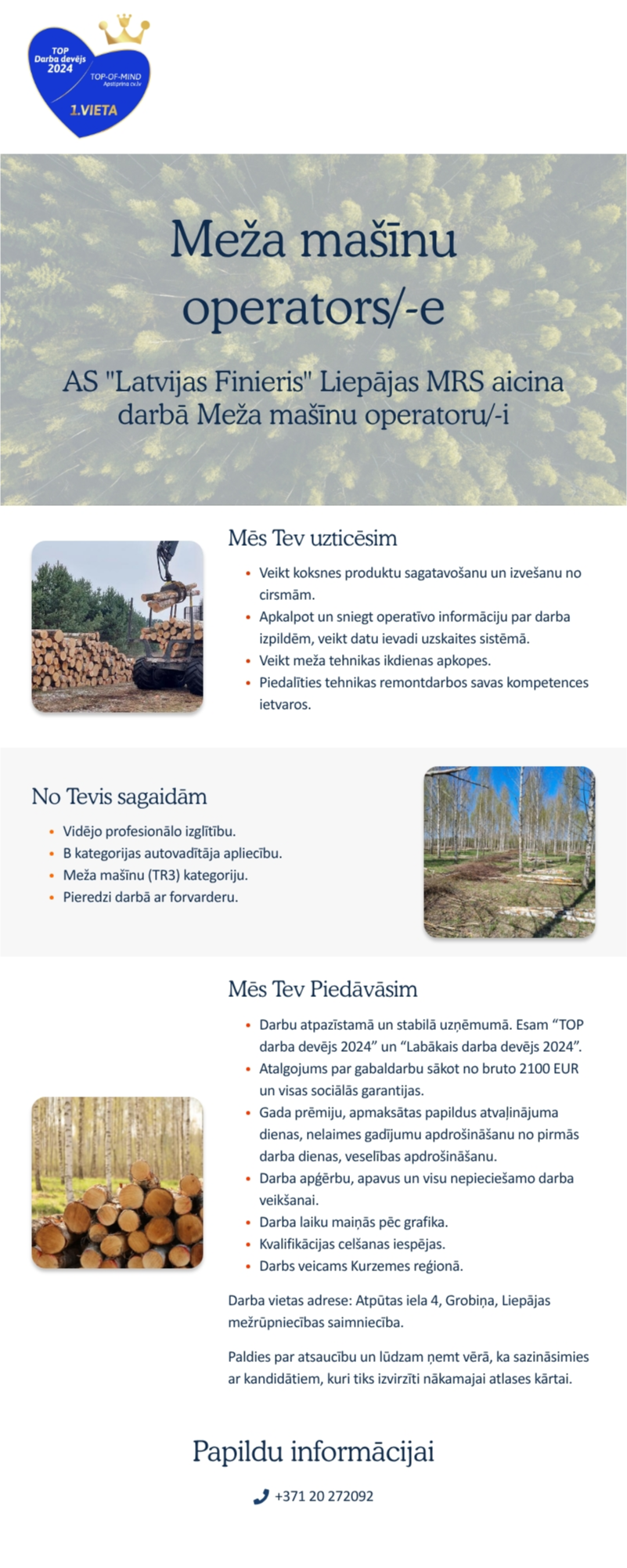 AS "Latvijas Finieris" Meža mašīnu operators/-e