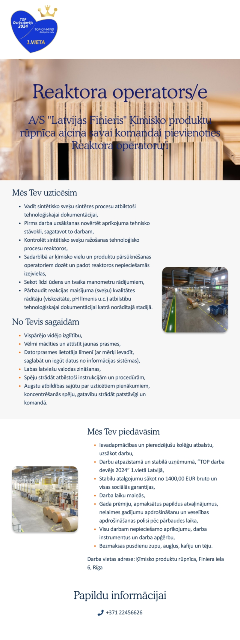 AS "Latvijas Finieris" Reaktora operators/e