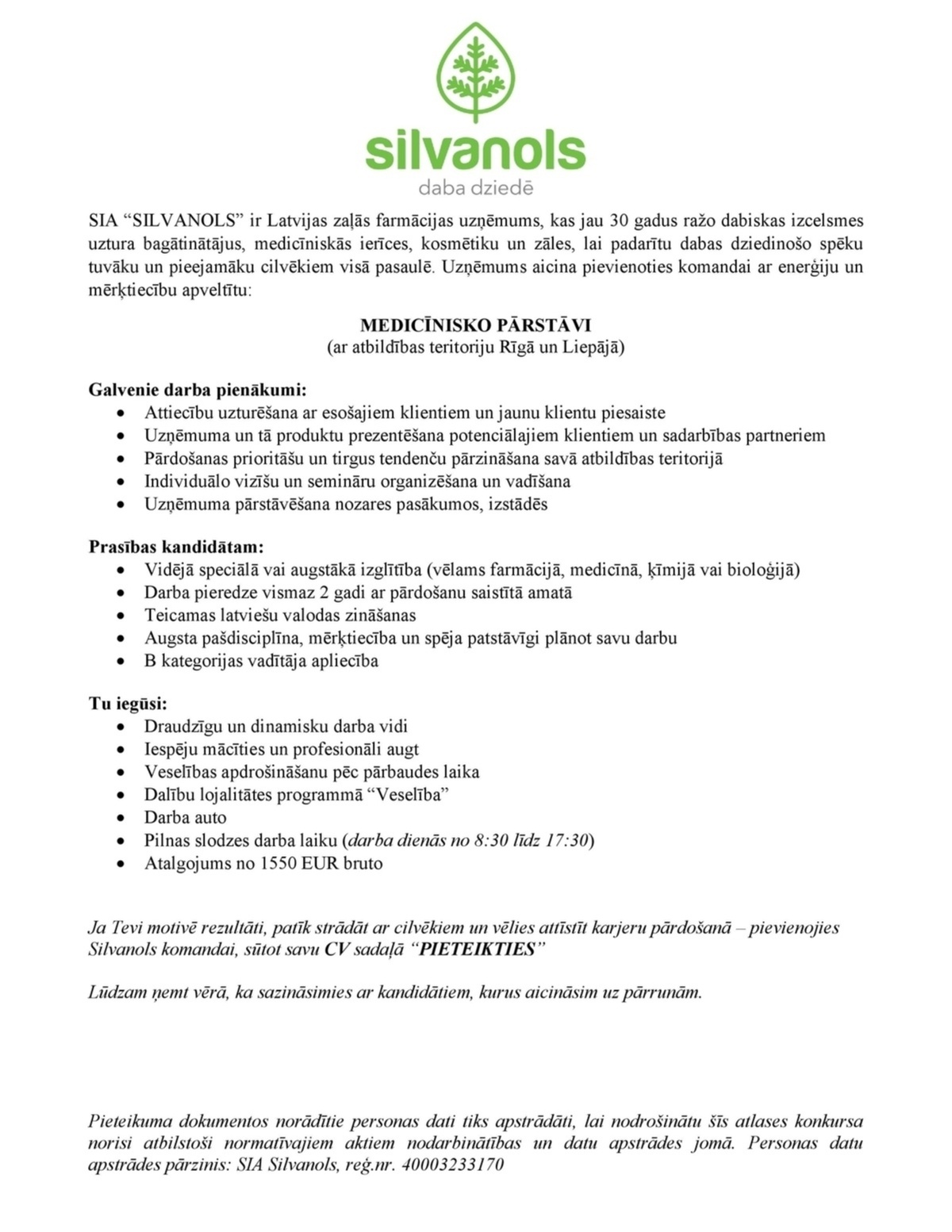 SILVANOLS, SIA Medicīniskais pārstāvis/-e