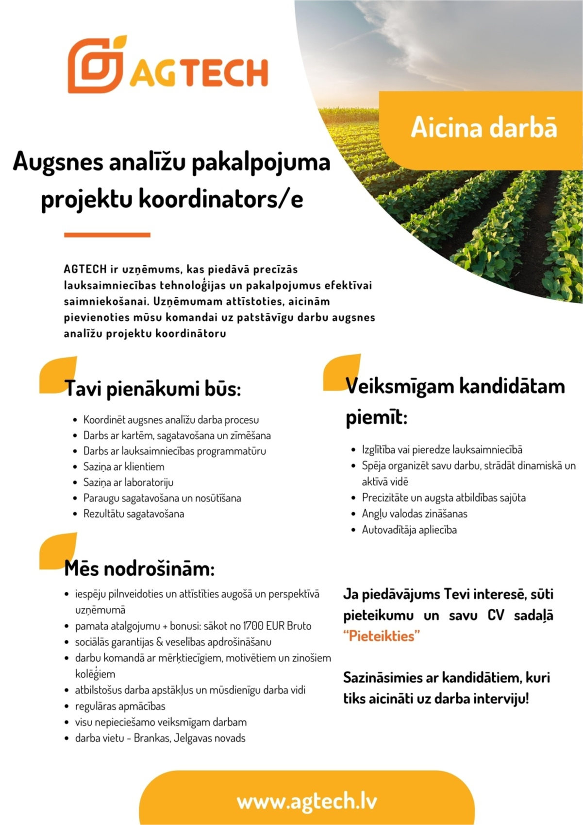 AgTech, SIA Augsnes analīžu pakalpojuma projektu koordinators/-e