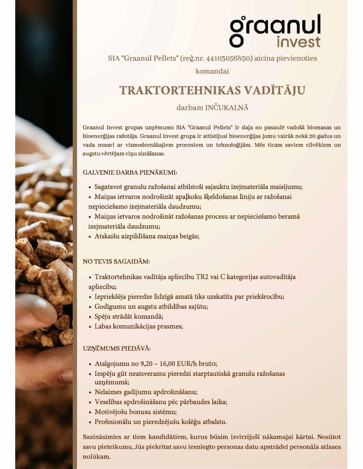 Graanul Pellets, SIA Traktortehnikas vadītājs/-a
