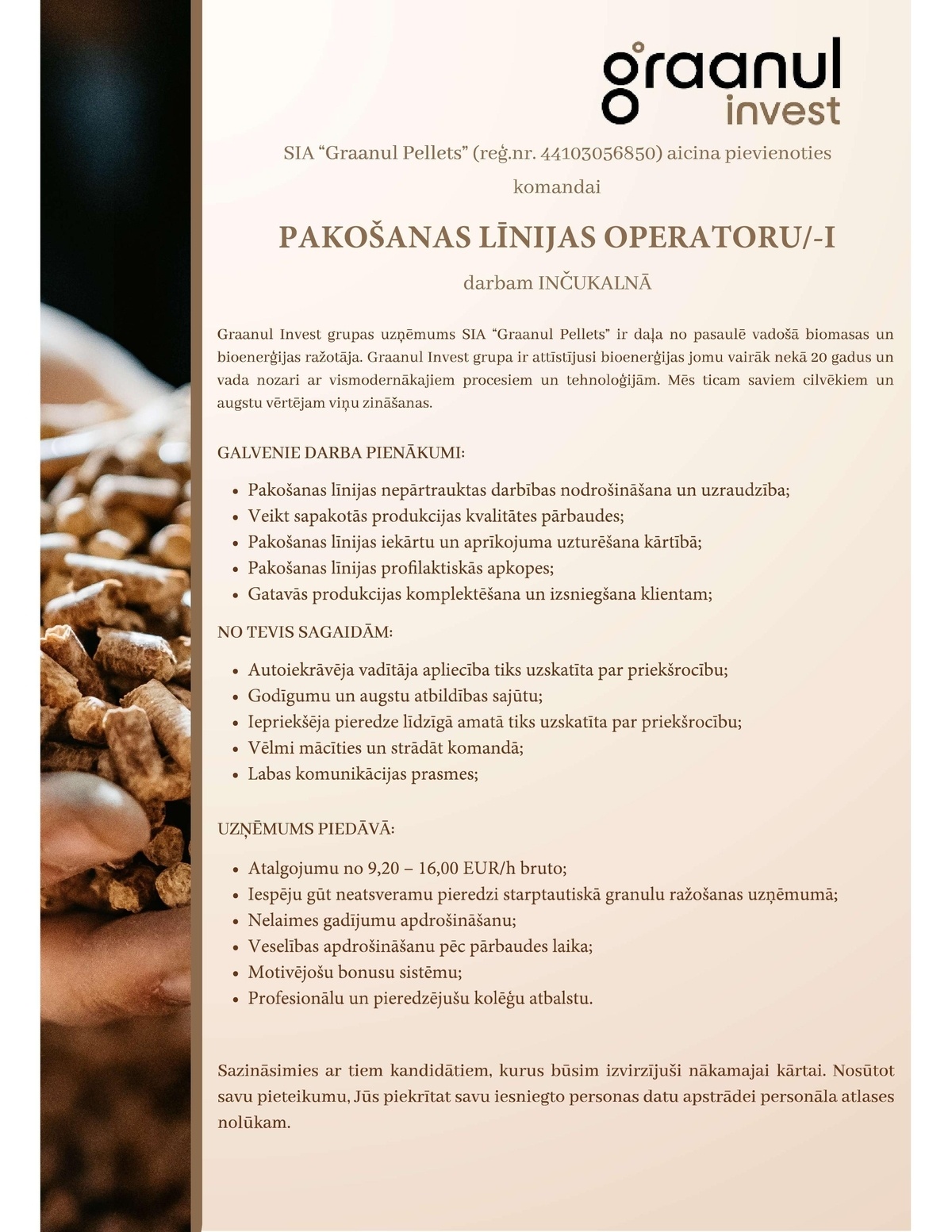 Graanul Pellets, SIA Pakošanas līnijas operators/-e