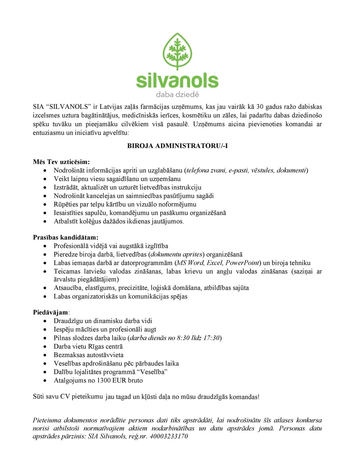 SILVANOLS, SIA Biroja administrators/-e