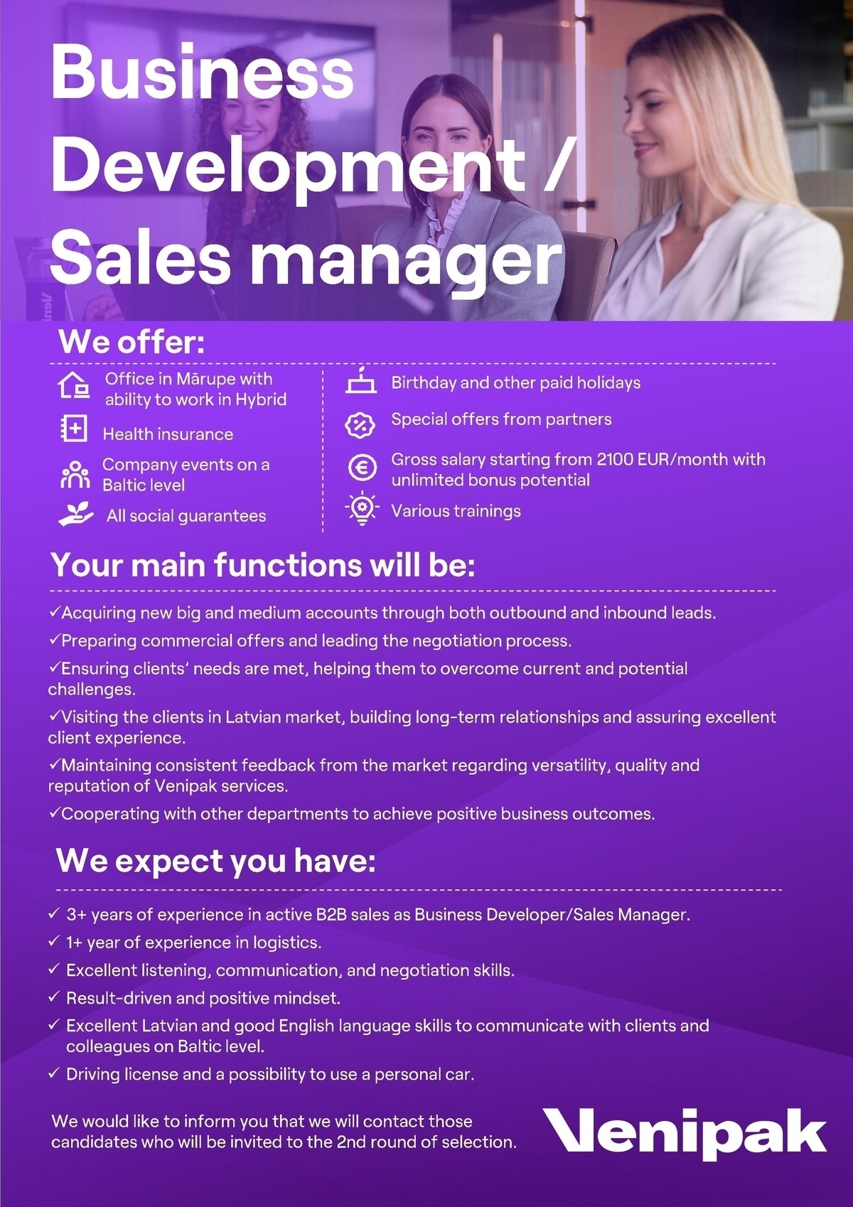 VENIPAK LATVIJA, SIA Business Development / Sales manager