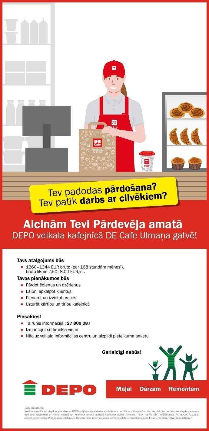 DEPO DIY, SIA Pārdevējs/-a "DEPO" veikala kafejnīcā "DE Cafe" Ulmaņa gatvē