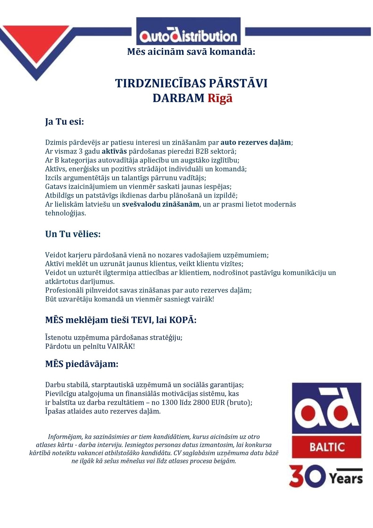 AD BALTIC, SIA Tirdzniecības pārstāvis/-e