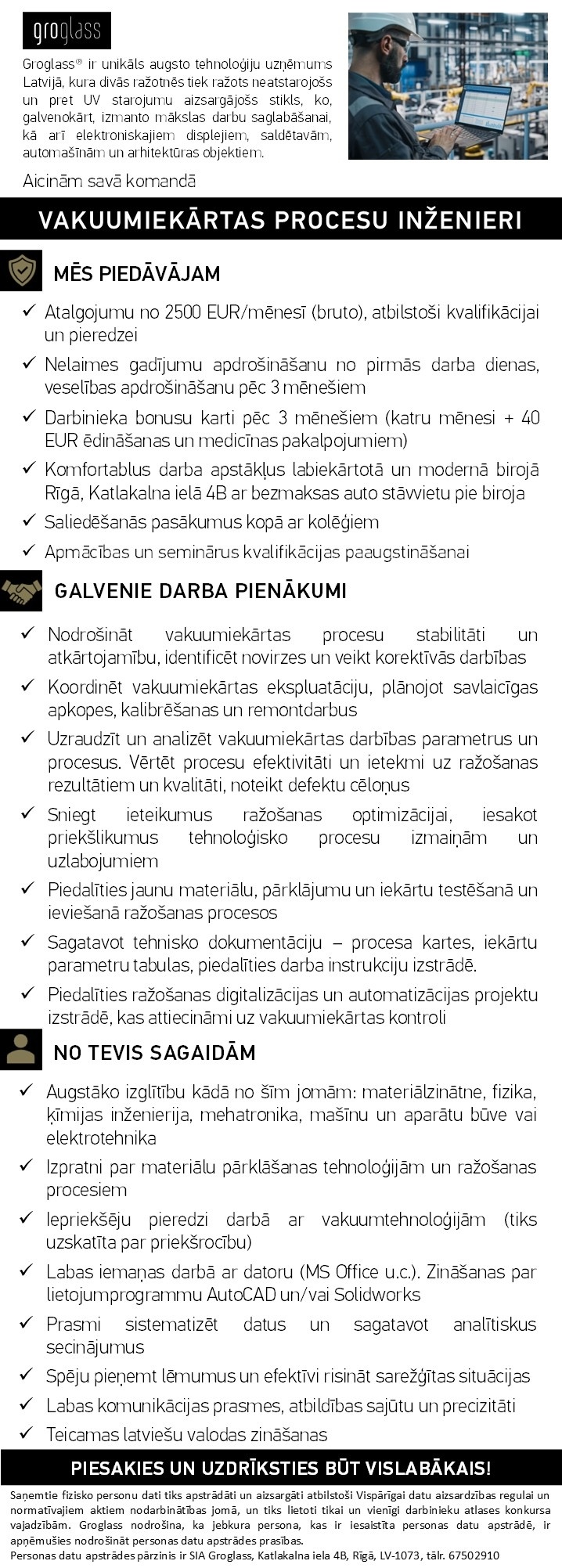 GroGlass, SIA Vakuumiekārtas procesu inženieris/-e