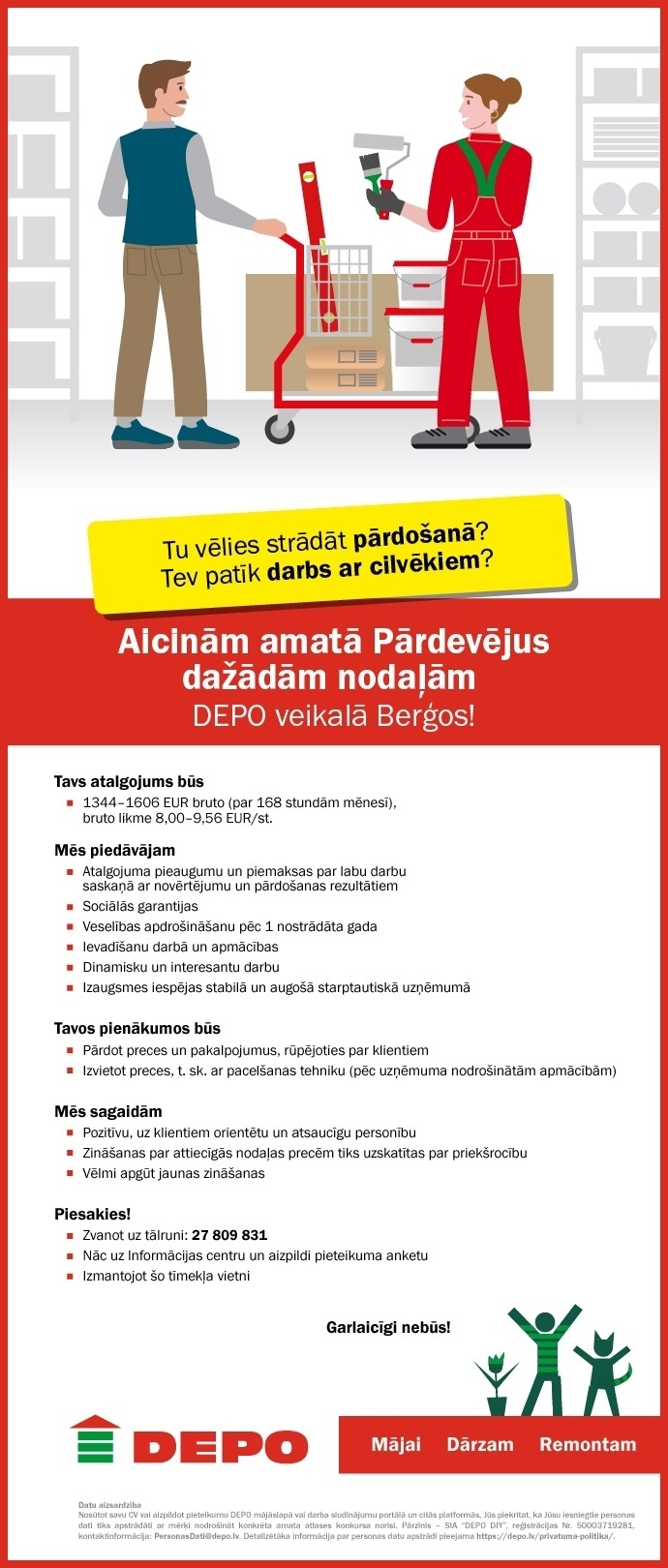 DEPO DIY, SIA Pārdevējs/-a dažādās nodaļās Berģos