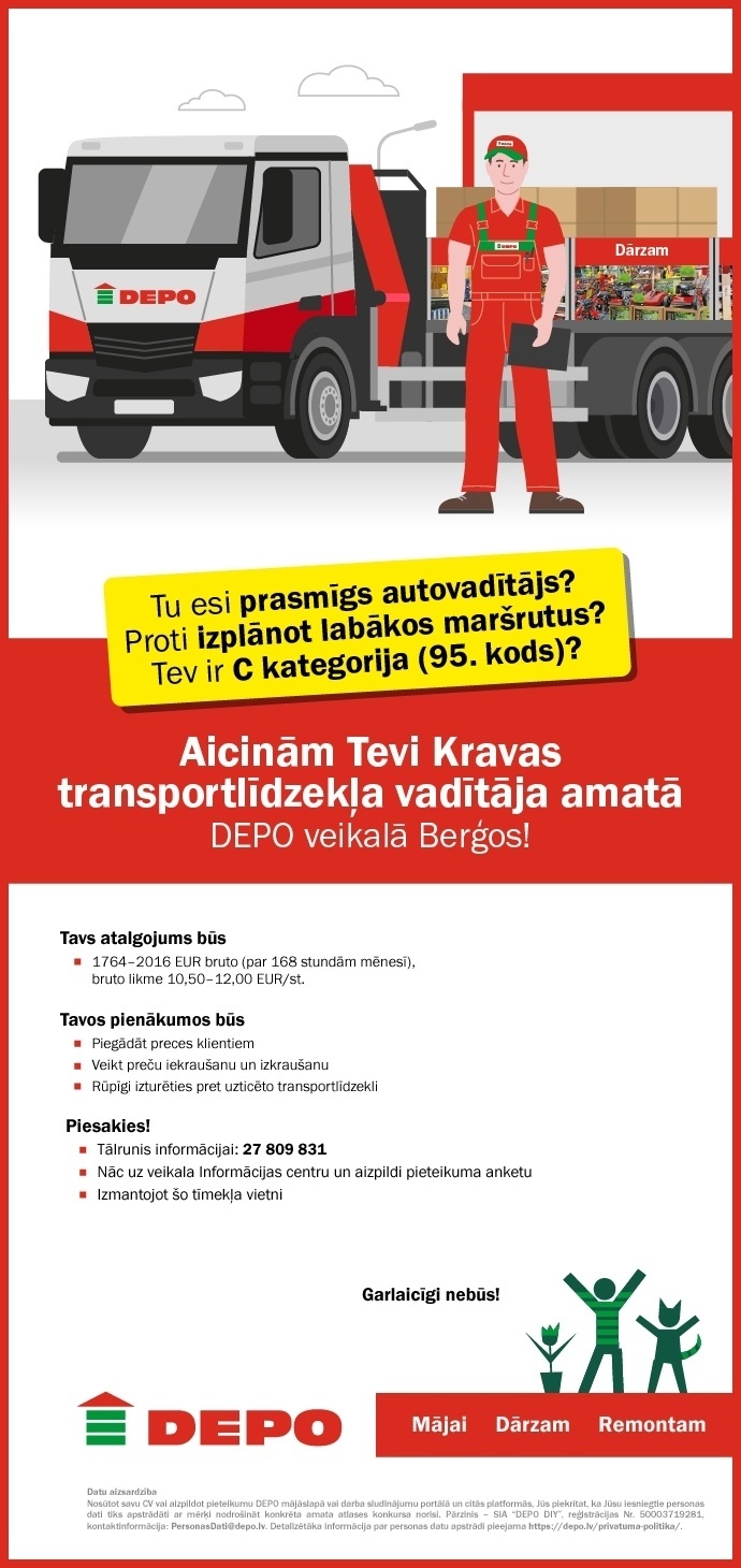 DEPO DIY, SIA Kravas transportlīdzekļa vadītājs/-a Berģos