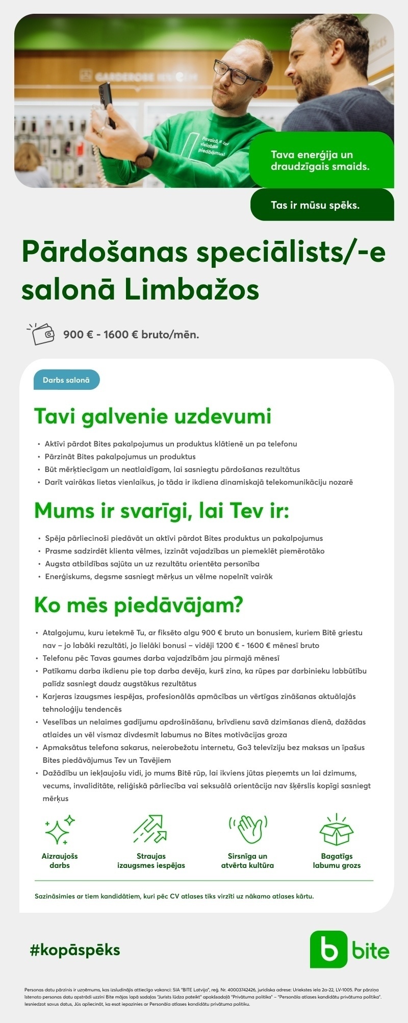 BITE Latvija, SIA Pārdošanas speciālists/-e salonā Limbažos