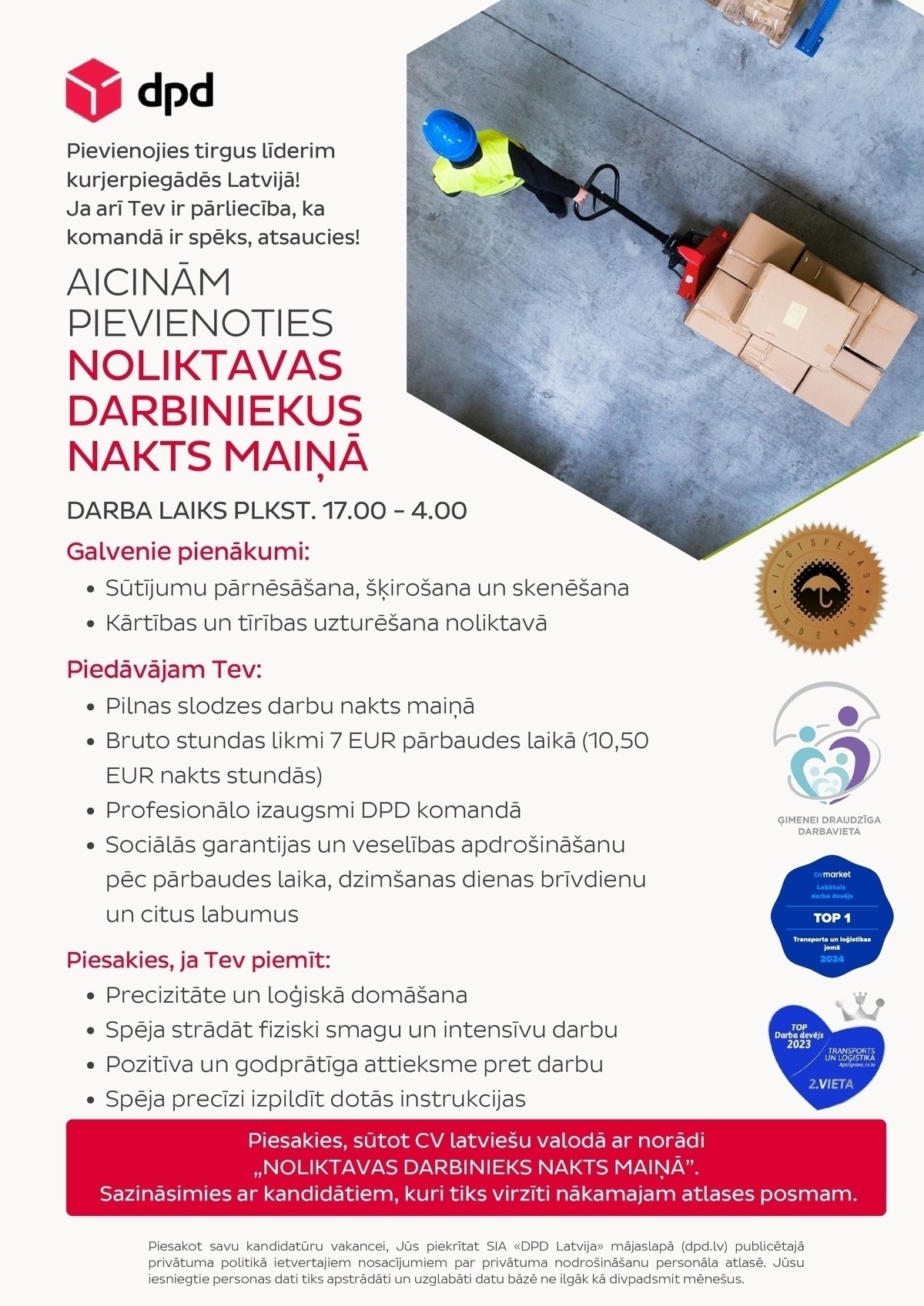 DPD Latvija, SIA Noliktavas darbinieks/-ce nakts maiņā (darba laiks 17.00-4.00)