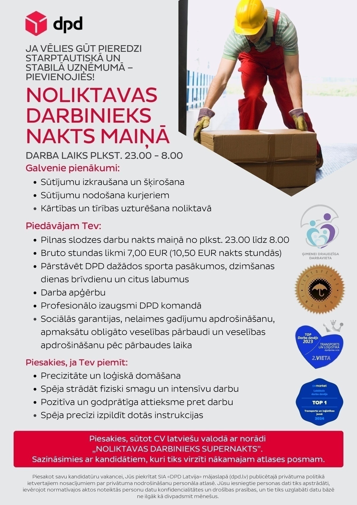 DPD Latvija, SIA Noliktavas darbinieks/-ce nakts maiņā (darba laiks 23.00-8.00)