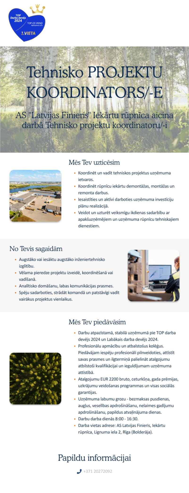 AS "Latvijas Finieris" Tehnisko projektu koordinators/-e