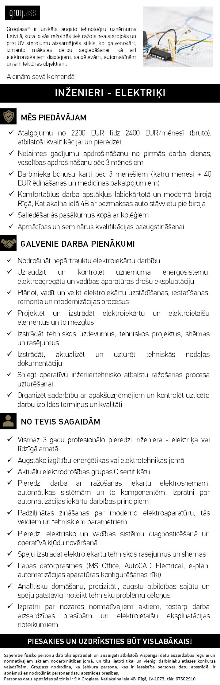 GroGlass, SIA Inženieris/-e - elektriķis/-e