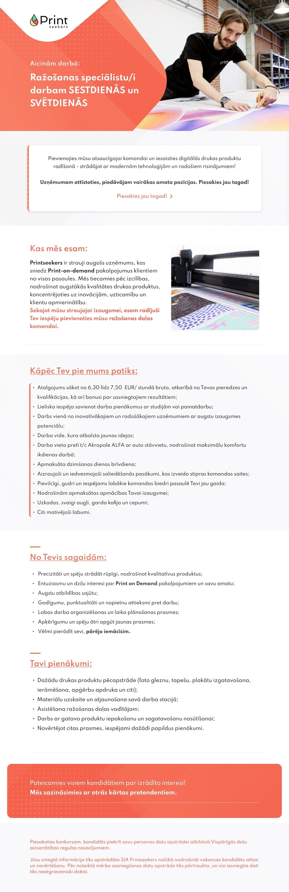 Printseekers, SIA Ražošanas speciālists/-e (sestdienās, svētdienās)