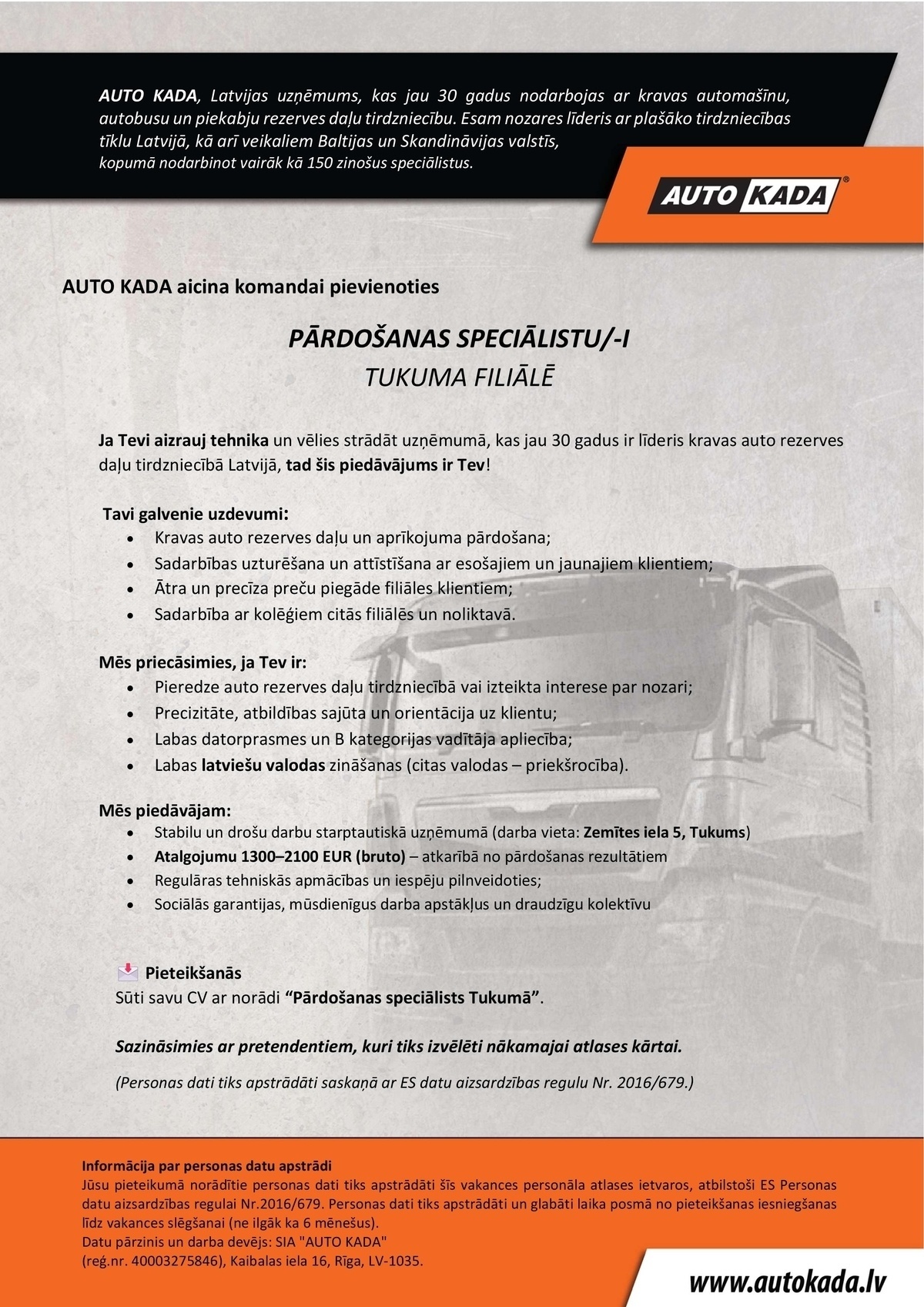 AUTO KADA, SIA Pārdošanas speciālists/-e Tukuma filiālē