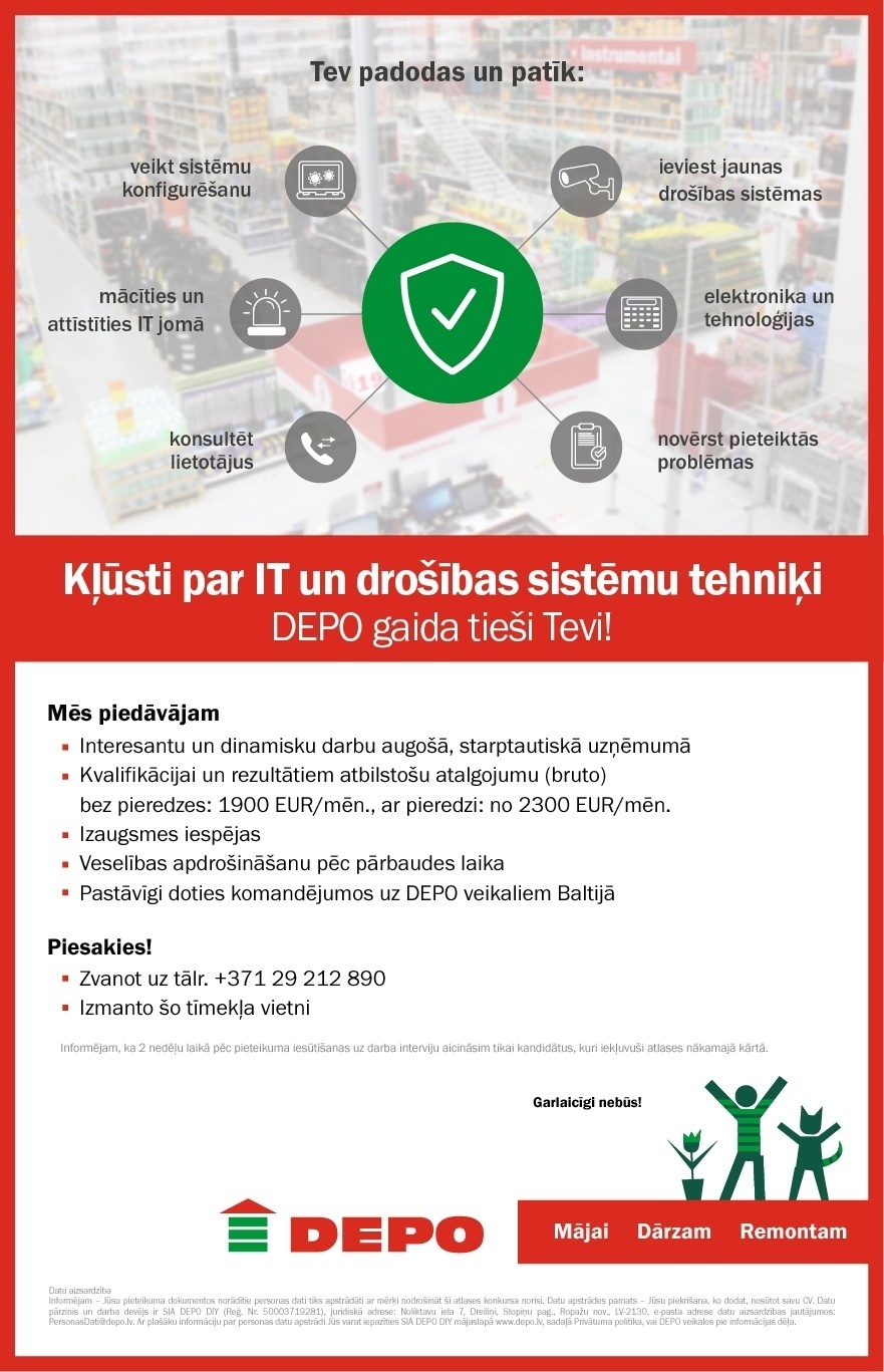 DEPO DIY, SIA IT un drošības sistēmu tehniķis/-e
