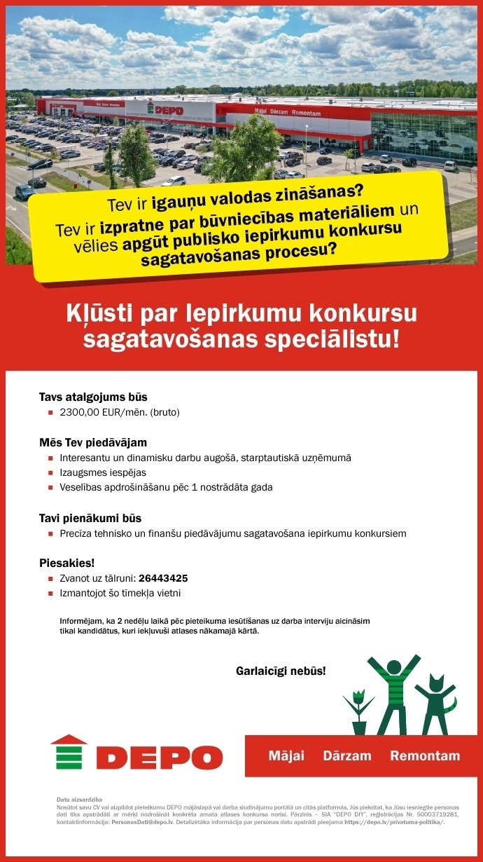 DEPO DIY, SIA Iepirkumu konkursu sagatavošanas speciālists/-e ar igauņu valodas zināšanām