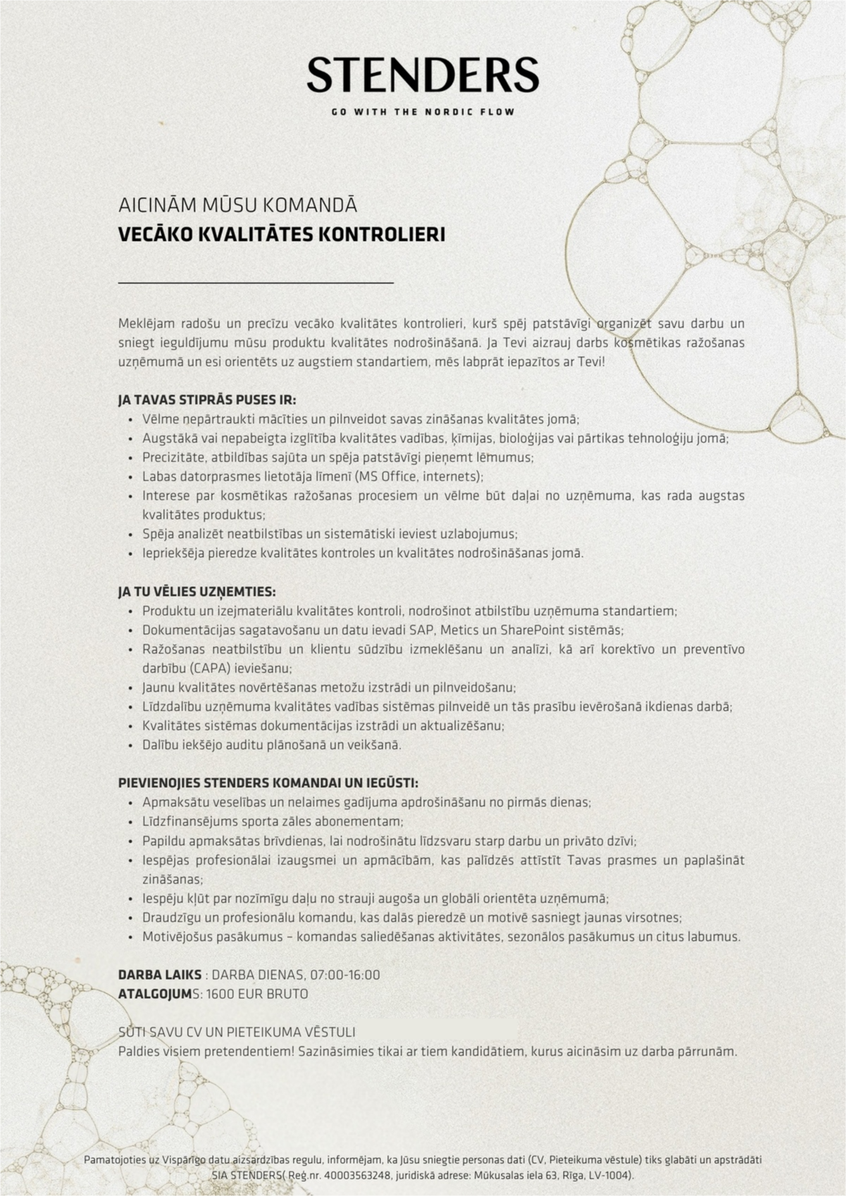 STENDERS, SIA Vecākais/-ā kvalitātes kontrolieris/-e