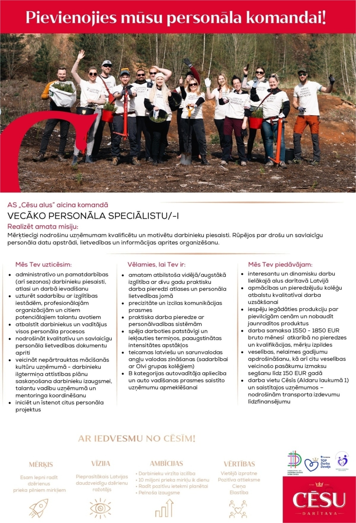 Cēsu alus, AS Vecākais/-ā personāla speciālists/-e