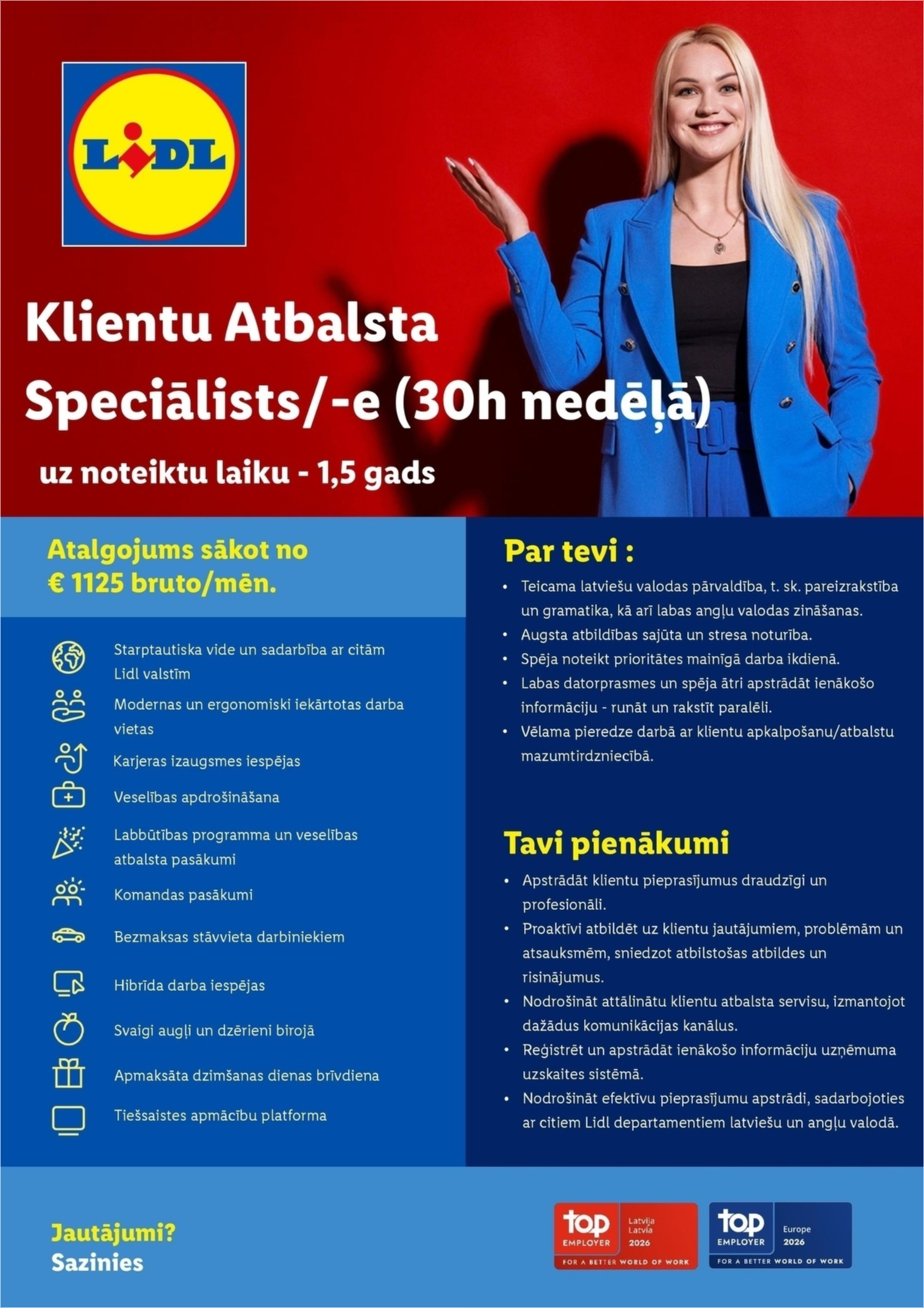 Lidl Latvija, SIA Klientu atbalsta speciālists/-e (30 h nedēļā, uz noteiktu laiku - 1,5 gads)