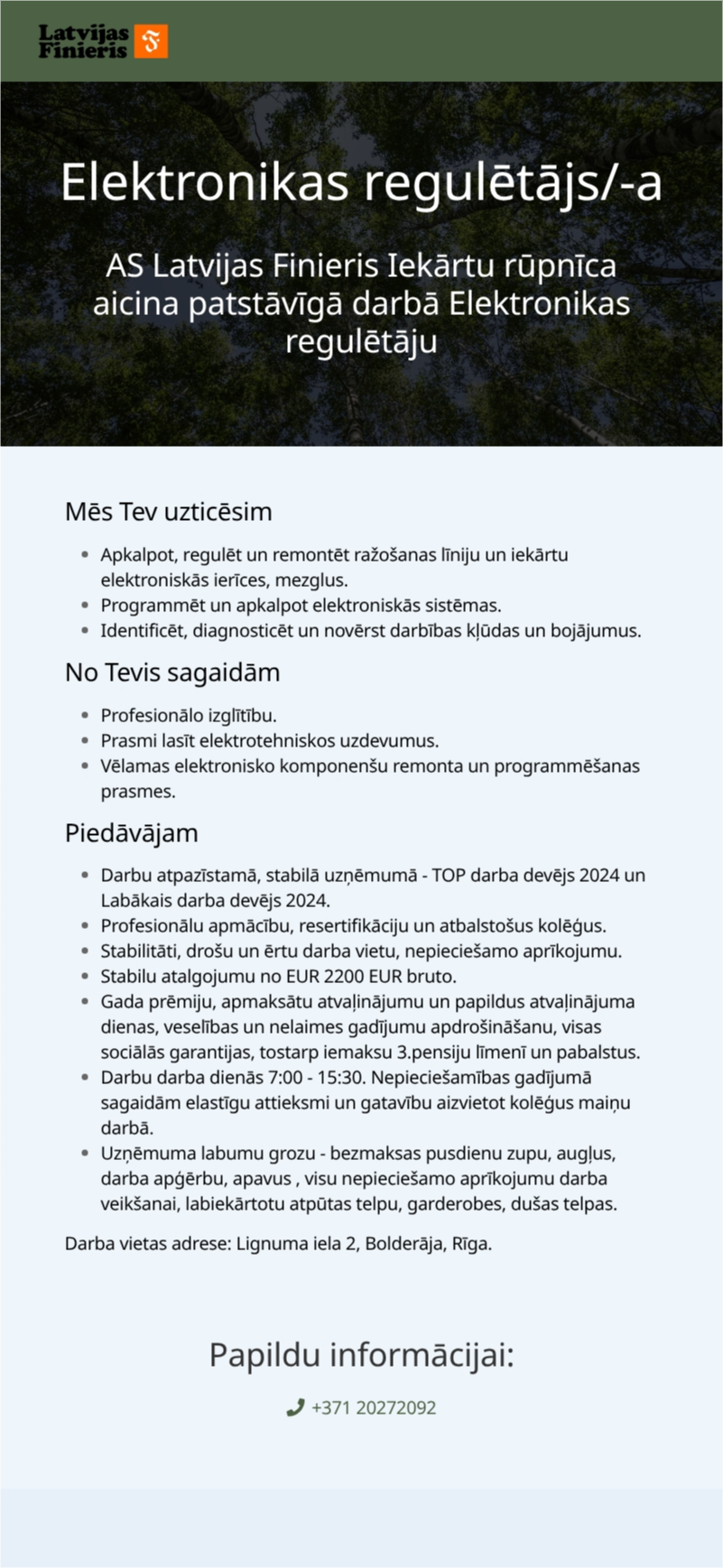 AS "Latvijas Finieris" Elektronikas regulētājs/-a