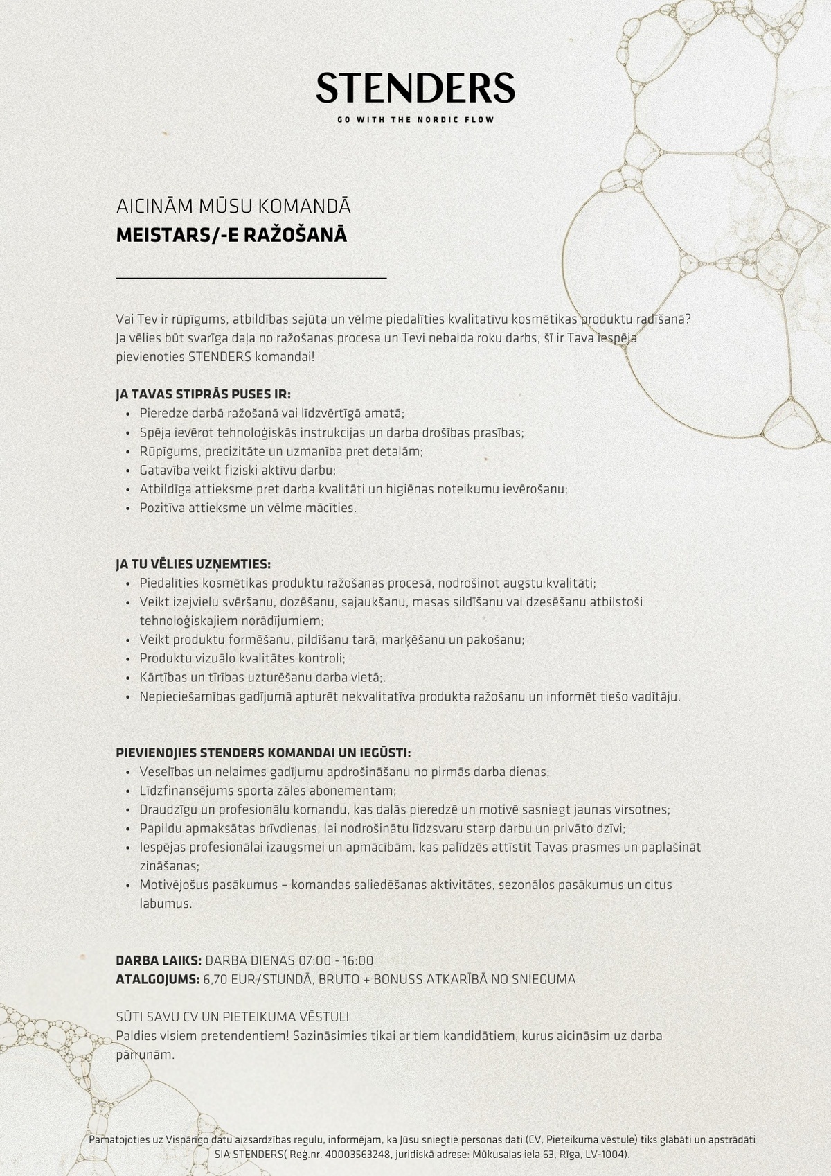 STENDERS, SIA Meistars/-e ražošanā