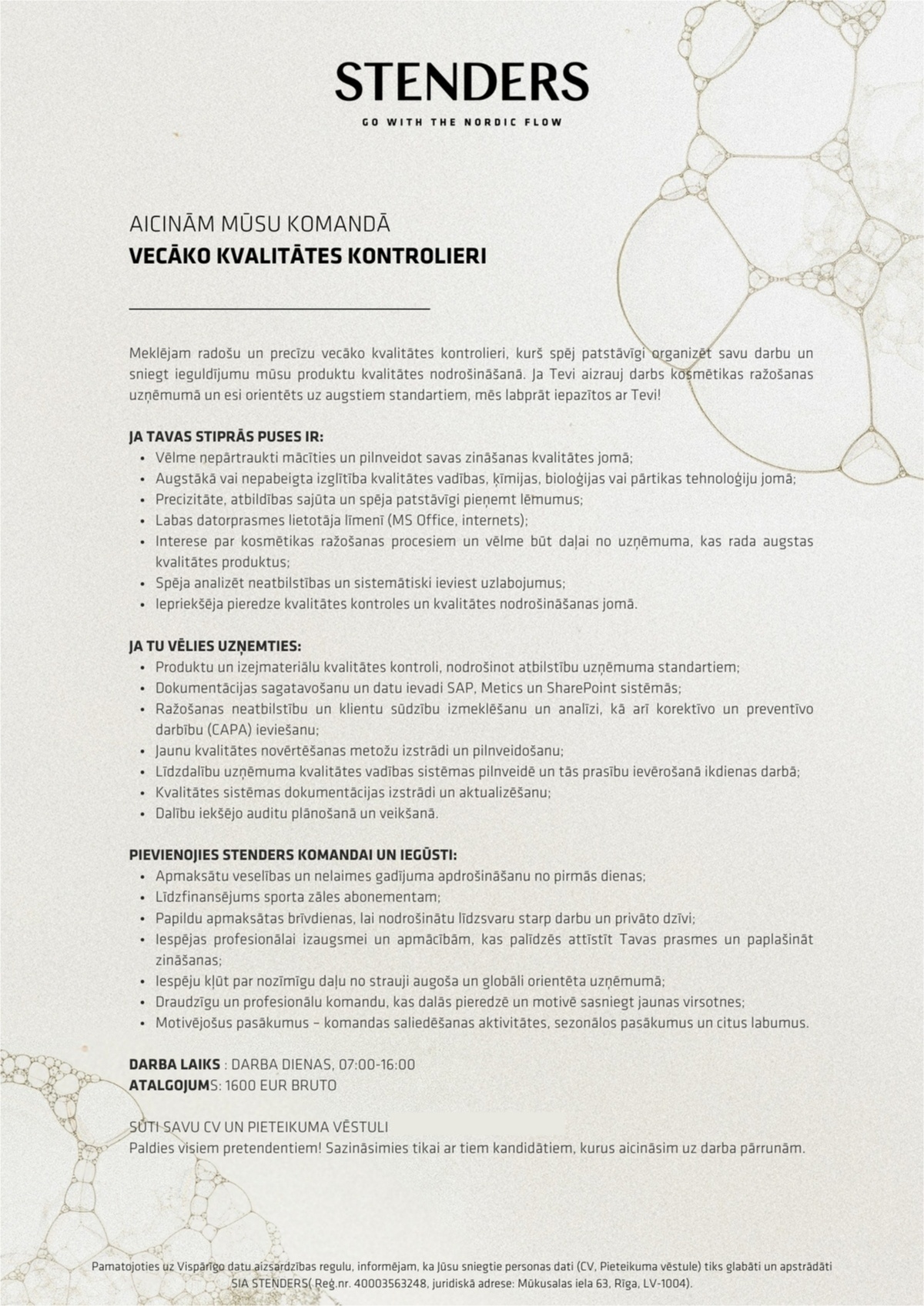 STENDERS, SIA Vecākais/-ā kvalitātes kontrolieris/-e