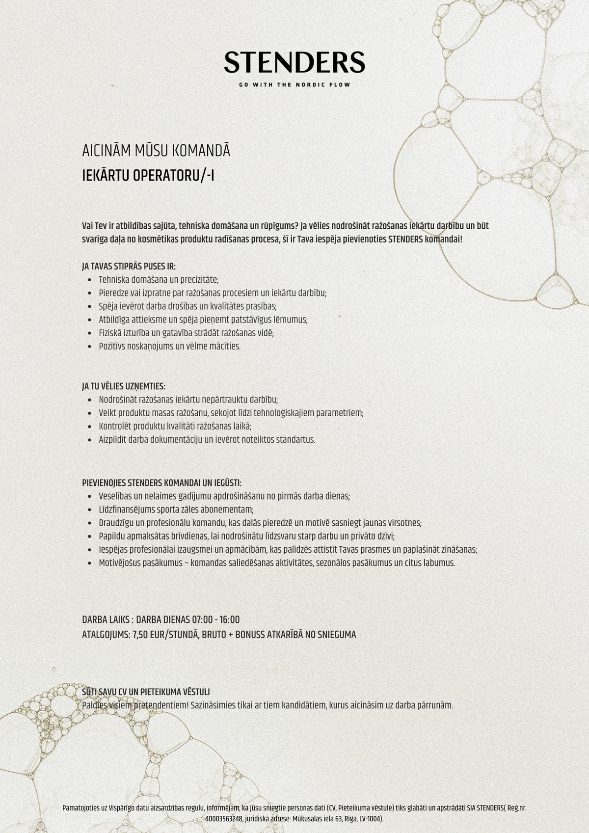 STENDERS, SIA Iekārtu operators/-e