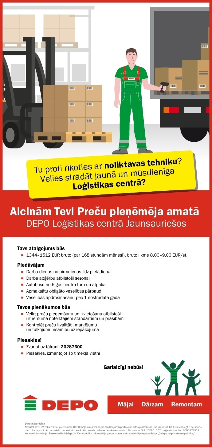 DEPO DIY, SIA Preču pieņēmējs/-a Loģistikas centrā Jaunsauriešos