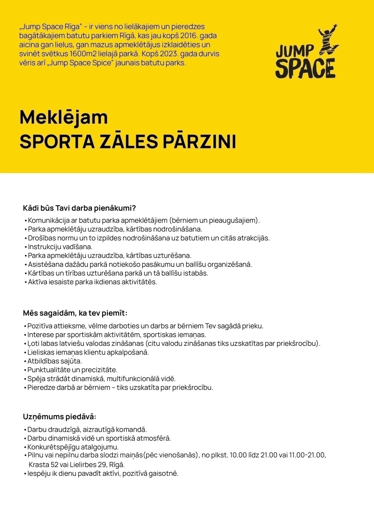 JUMP SPACE, SIA Sporta zāles pārzinis/-e