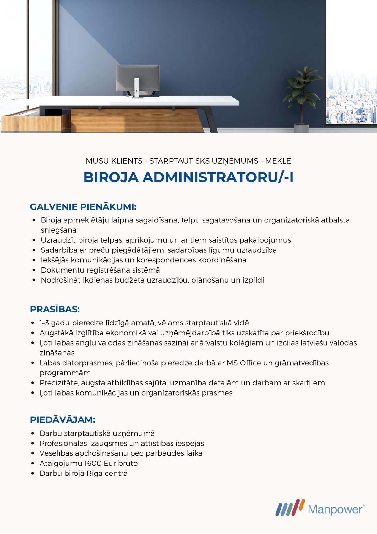 SAS "Manpower Lit" filiāle "Manpower Lit" Biroja administrators/-e