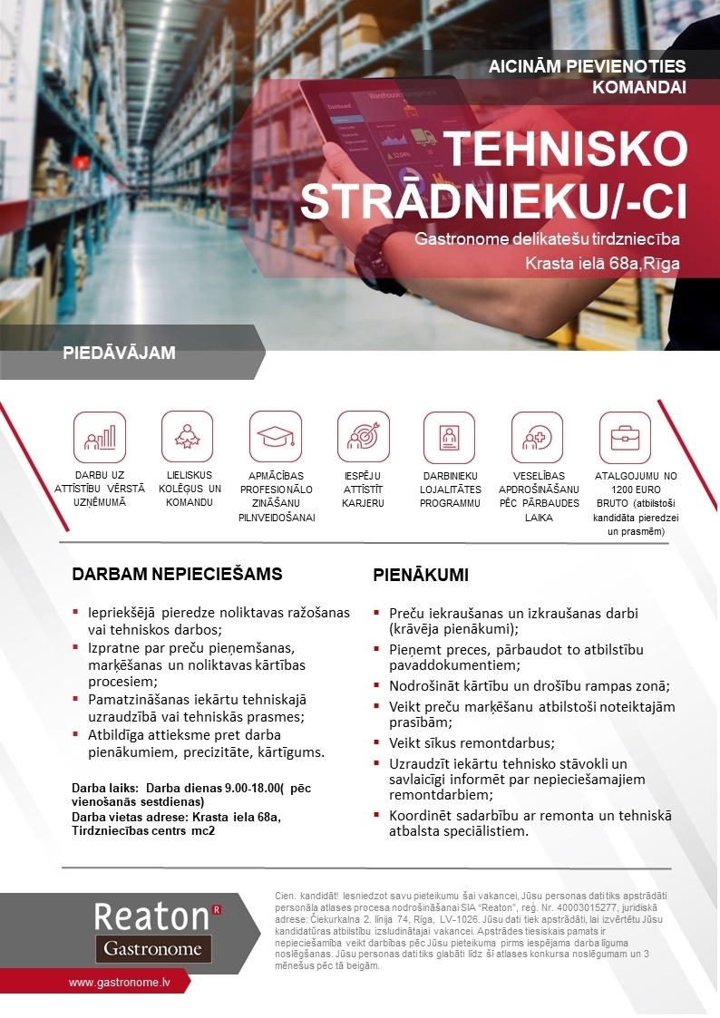 REATON, SIA Tehniskais/-ā strādnieks/-ce