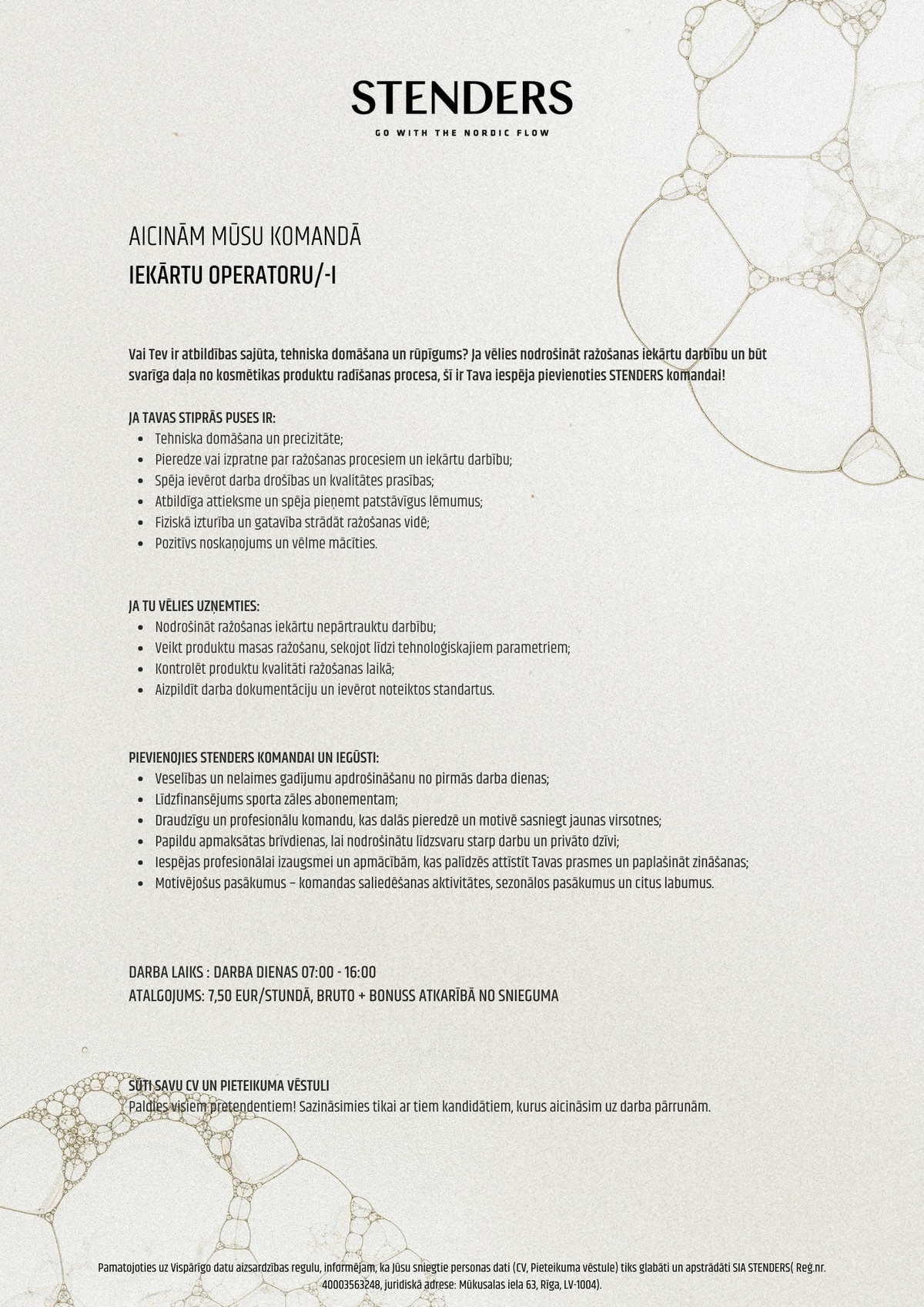 STENDERS, SIA Iekārtu operators/-e