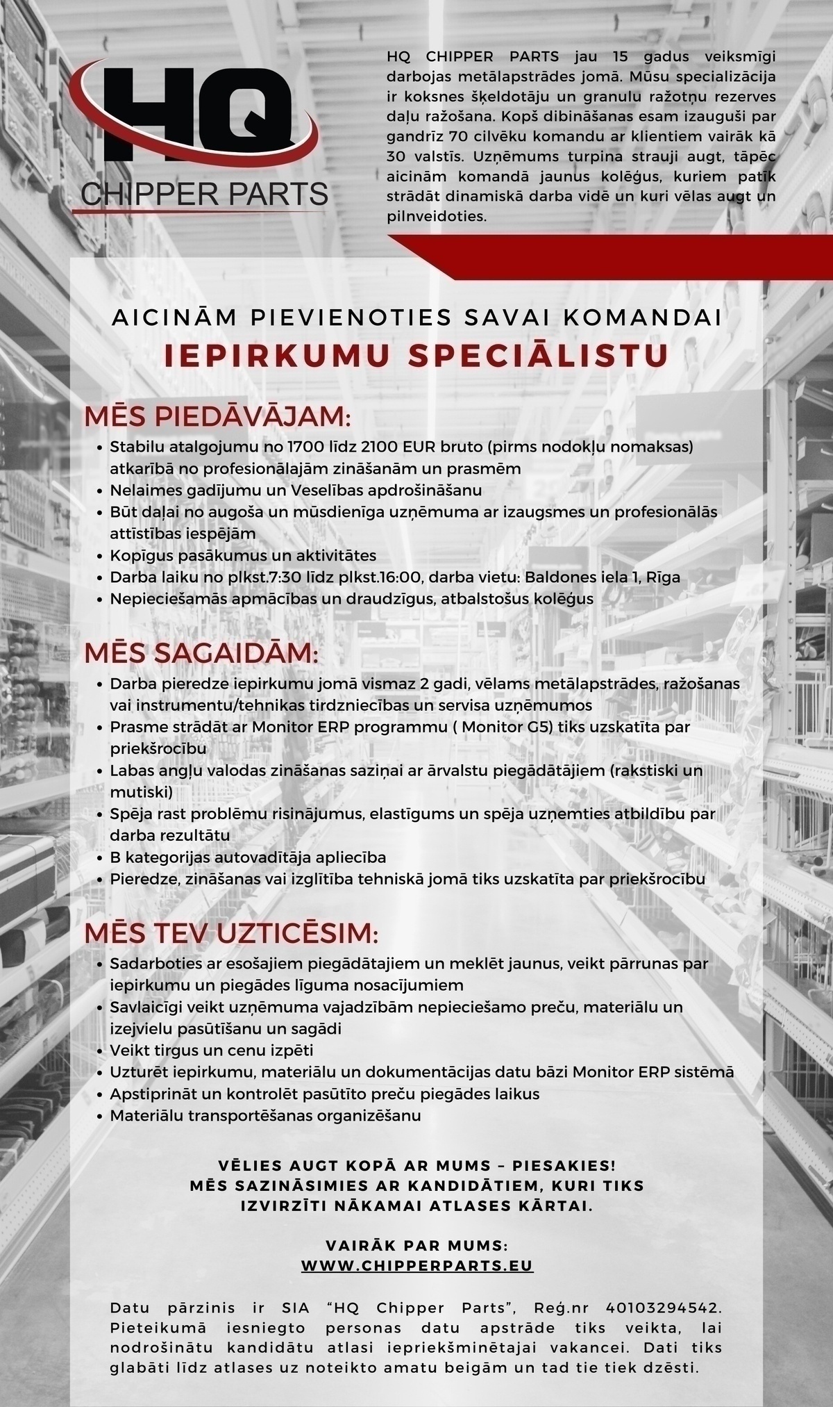 HQ CHIPPER PARTS, SIA Iepirkumu speciālists/-e