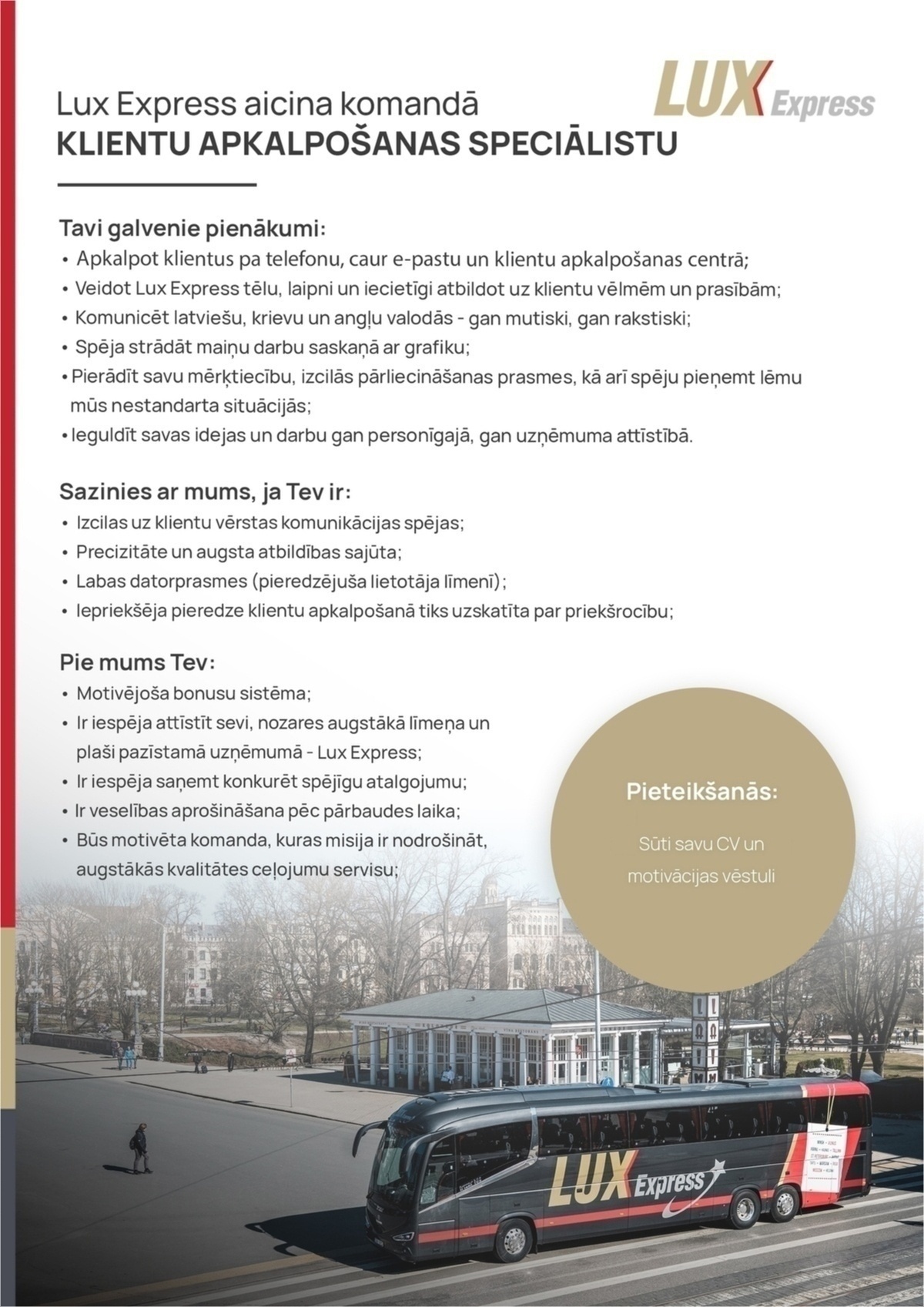 Lux Express Latvia, SIA Klientu apkalpošanas speciālists/-e uz noteiktu laiku