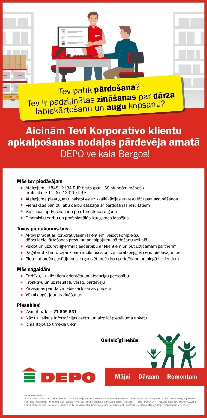 DEPO DIY, SIA Korporatīvo klientu nodaļas pārdevējs/-a dārza labiekārtošanas jomā Berģos
