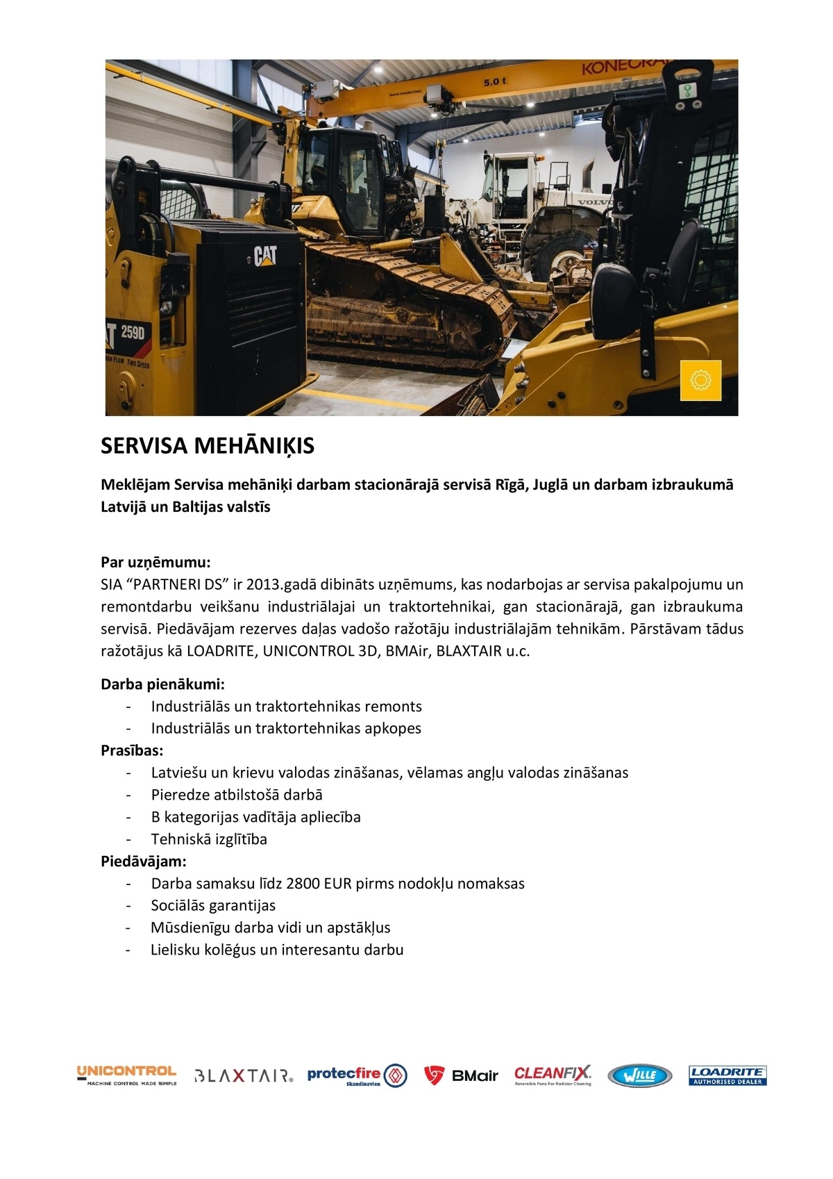 Partneri DS, SIA Servisa mehāniķis/-e