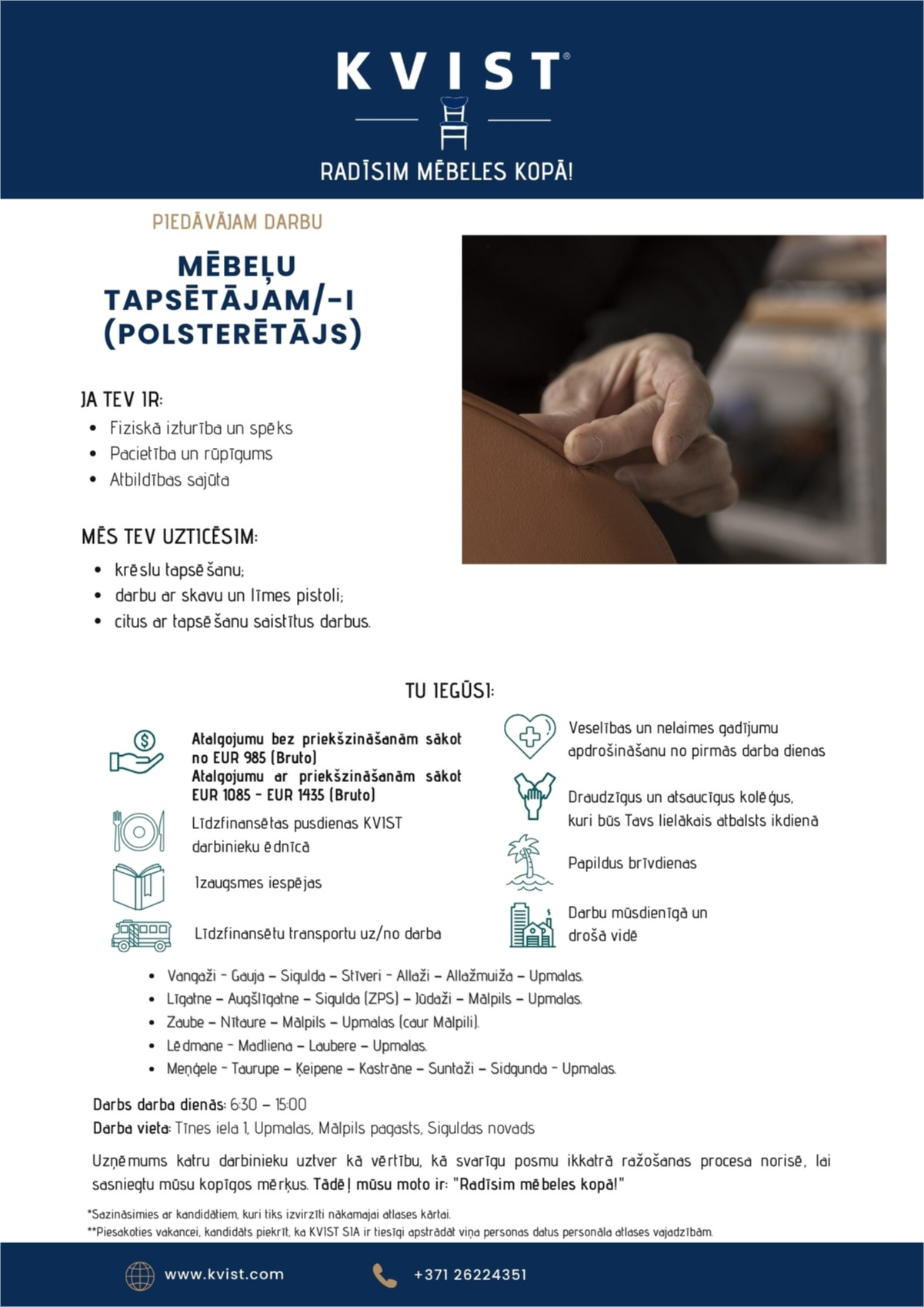 KVIST, SIA Mēbeļu tapsētājs/-a (polsterētājs/-a)