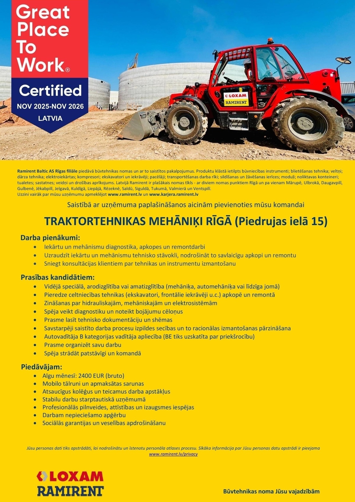 Ramirent Baltic AS Rīgas filiāle, AKF Traktortehnikas mehāniķis/-e