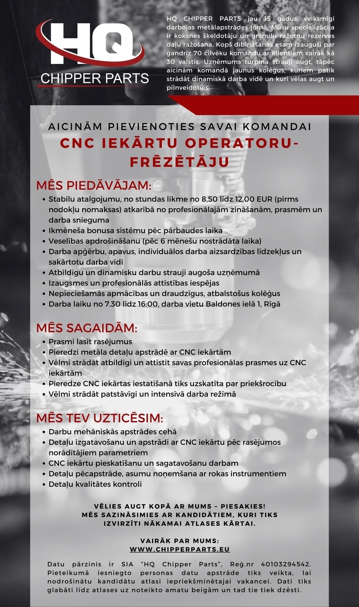 HQ CHIPPER PARTS, SIA CNC-darbagalda operators/-e