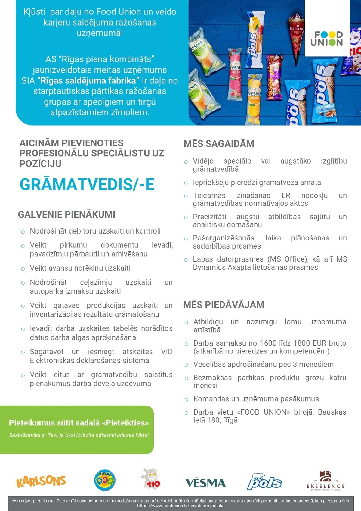 RĪGAS PIENA KOMBINĀTS, AS Grāmatvedis/-e