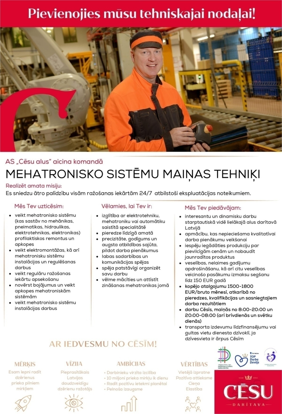 Cēsu alus, AS Mehatronisko sistēmu maiņas tehniķis/-e