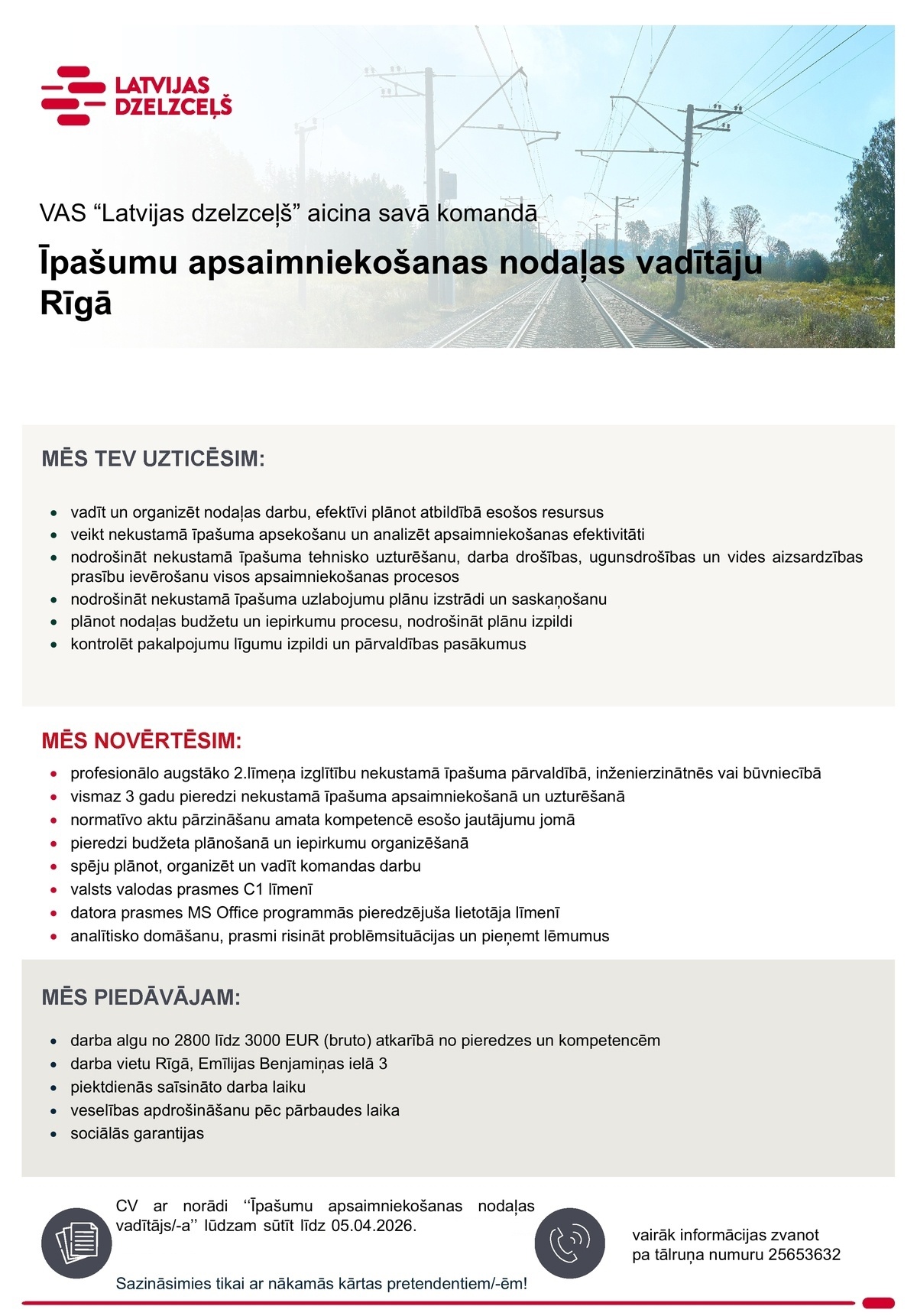 Latvijas dzelzceļš, VAS Īpašumu apsaimniekošanas nodaļas vadītājs/-a