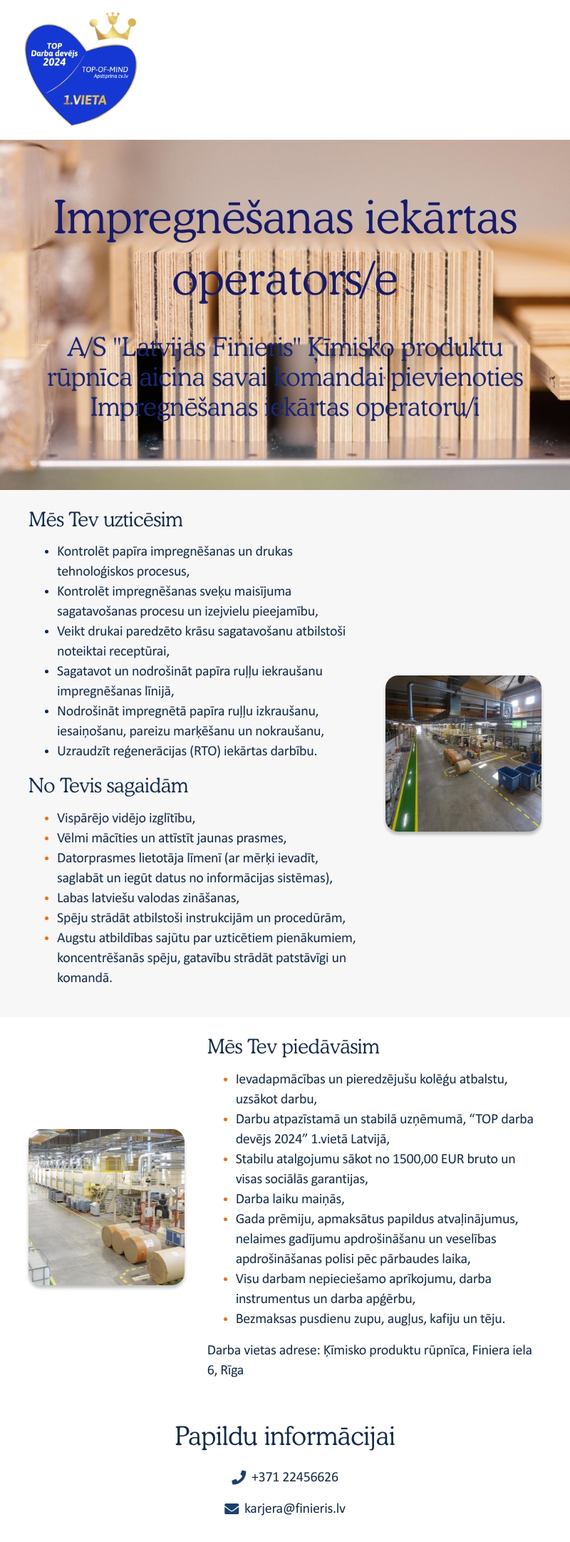 AS "Latvijas Finieris" Impregnēšanas iekārtas operators/e