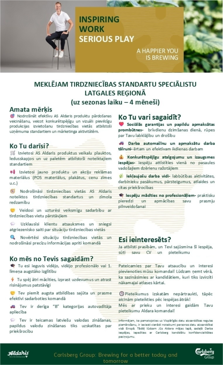 Aldaris, AS Tirdzniecības standartu speciālists/-e Latgales reģionā (uz laiku 4 mēn.)